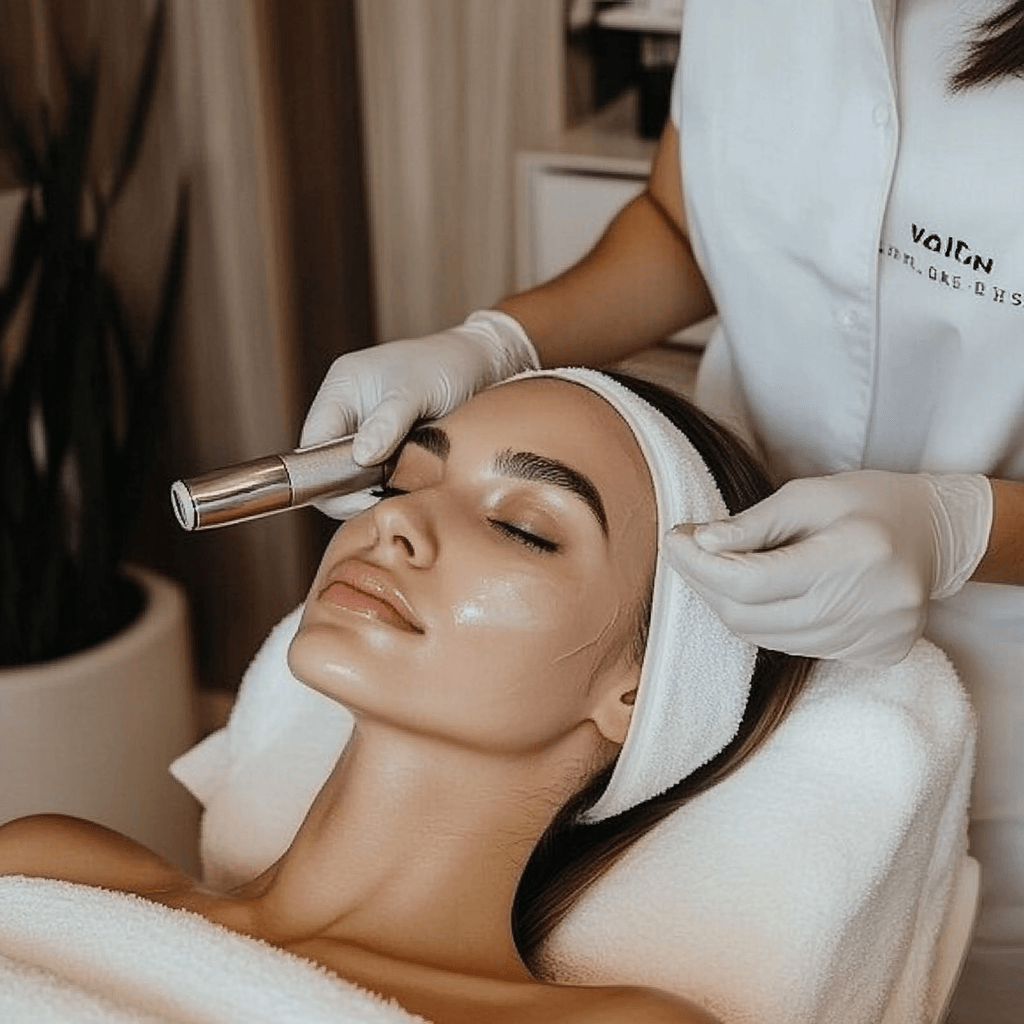 A professional cosmetology studio, minimalistic and elegant, bathed in soft, bright lighting. A young woman with clear, radiant skin is lying comfortably on a treatment chair, her face relaxed. A cosmetologist in a crisp white uniform and gloves is performing an ultrasonic facial cleansing, gently using a modern handheld device with a metallic tip. The focus is on the client’s face, glowing with freshness, while the background remains softly blurred in neutral tones, emphasizing a sense of purity and luxury. The scene exudes professionalism, care, and advanced beauty treatments.