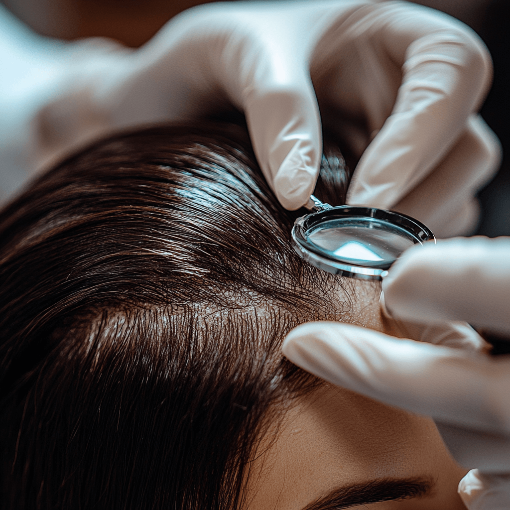 A seдіагностыка волосся для салонів Ніка та Африкаrene beauty salon setting, close-up of a stylist performing a SPA hair treatment, wet, shiny hair strands being gently massaged with a nourishing product, small water droplets visible on the hair, but the client's face remains completely dry and calm, clean and elegant workspace, premium hair care products displayed nearby, soft warm lighting, luxurious and relaxing atmosphere